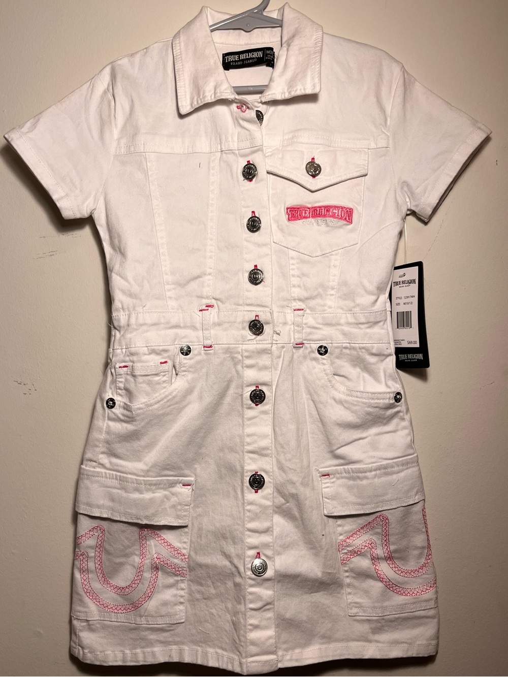 True Religion White Denim Girls' Button-Front Dress with Pink Stitching